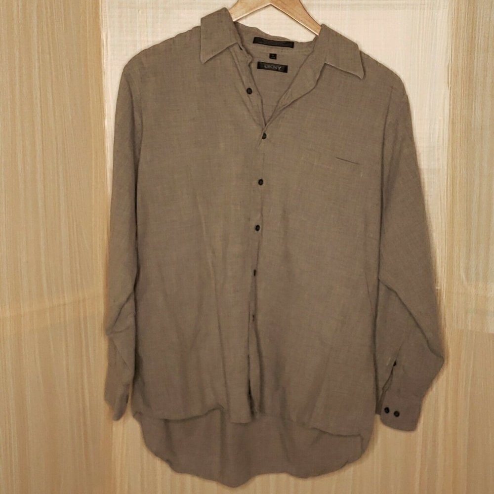 DKNY Taupe Brown Mens Wool Blend Dress Shirt 17 34/35